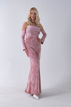 Pudra Drapeli Takma Kol Detaylı Kadife Abiye 0801068.79