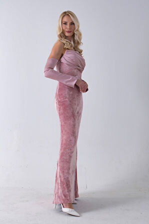 Pudra Drapeli Takma Kol Detaylı Kadife Abiye 0801068.79