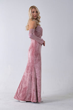 Pudra Drapeli Takma Kol Detaylı Kadife Abiye 0801068.79