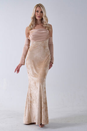 Gold Drapeli Takma Kol Detaylı Kadife Abiye 0801068.122