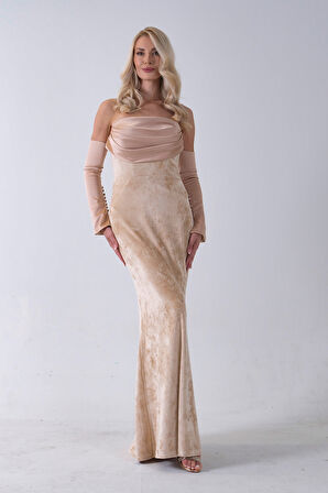 Gold Drapeli Takma Kol Detaylı Kadife Abiye 0801068.122