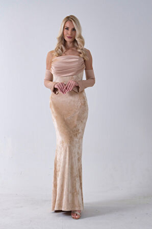 Gold Drapeli Takma Kol Detaylı Kadife Abiye 0801068.122