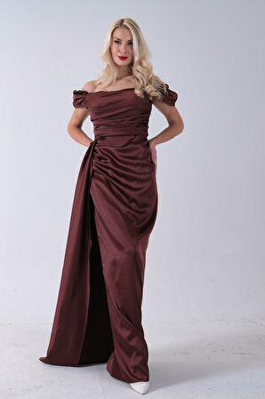 Kahve Drape Detaylı Saten Kumaş Abiye Elbise 9704858.05