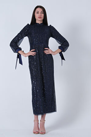 Lacivert Bilek Ucu Saten Kurdele Pullu Tesettür Abiye 6502471.02