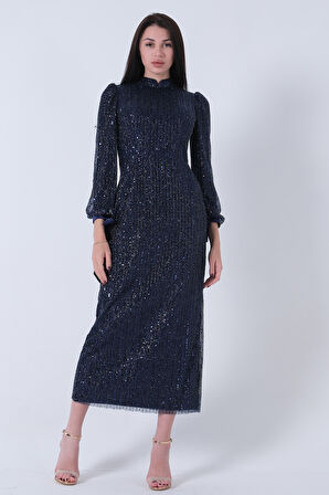 Lacivert Bilek Ucu Saten Kurdele Pullu Tesettür Abiye 6502471.02