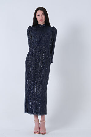 Lacivert Bilek Ucu Saten Kurdele Pullu Tesettür Abiye 6502471.02