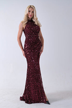 Bordo Bisiklet Yaka Kolsuz Yırtmaç Detaylı Pul Payet Abiye 9705482.04