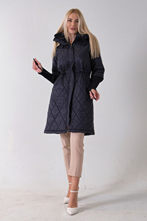 Lacivert Bileği Lastikli Kapüşonlu Baklava Desenli Şişme Mont 44520207.02