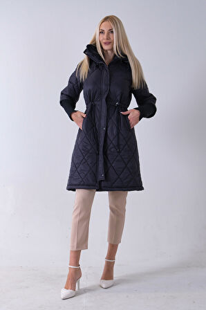 Lacivert Bileği Lastikli Kapüşonlu Baklava Desenli Şişme Mont 44520207.02