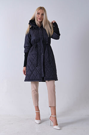 Lacivert Bileği Lastikli Kapüşonlu Baklava Desenli Şişme Mont 44520207.02