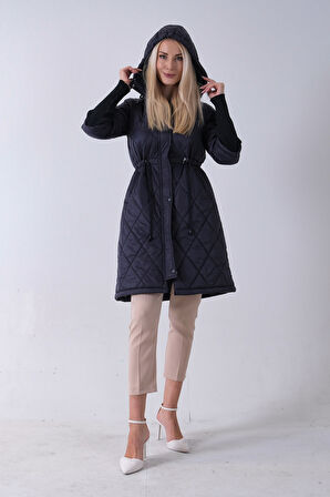 Lacivert Bileği Lastikli Kapüşonlu Baklava Desenli Şişme Mont 44520207.02