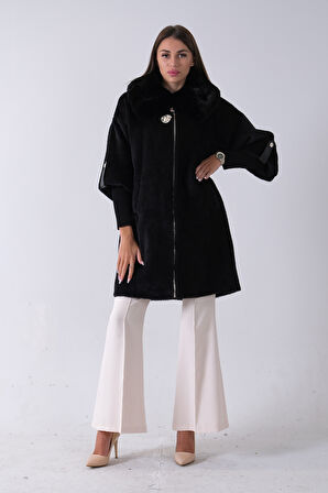 Siyah Yandan Cepli Broş Detaylı Yaka Kürklü Peluş Kaban 44510847.01