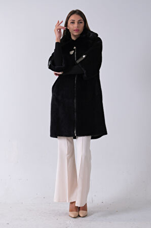 Siyah Yandan Cepli Broş Detaylı Yaka Kürklü Peluş Kaban 44510847.01