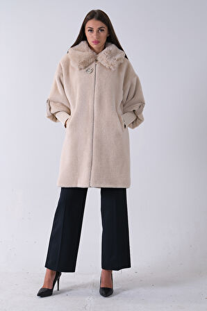 Taş Yandan Cepli Broş Detaylı Yaka Kürklü Peluş Kaban 44510847.50