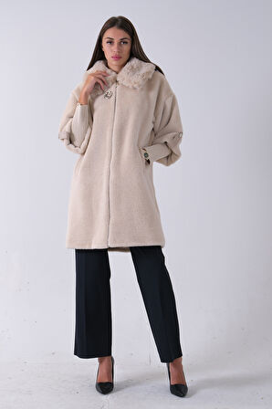 Taş Yandan Cepli Broş Detaylı Yaka Kürklü Peluş Kaban 44510847.50