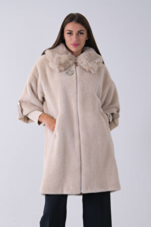 Taş Yandan Cepli Broş Detaylı Yaka Kürklü Peluş Kaban 44510847.50