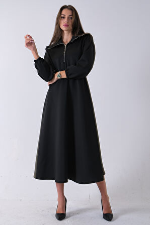 Siyah Yaka Fermuar Detaylı Bel ve Bileği Lastikli Kemerli Scuba Elbise 4593455.01
