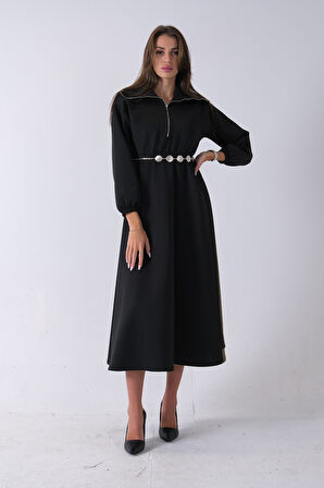 Siyah Yaka Fermuar Detaylı Bel ve Bileği Lastikli Kemerli Scuba Elbise 4593455.01