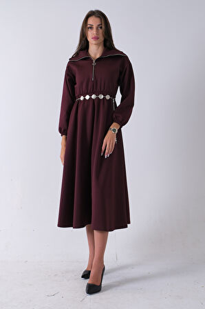 Bordo Yaka Fermuar Detaylı Bel ve Bileği Lastikli Kemerli Scuba Elbise 4593455.04