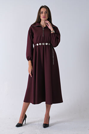 Bordo Yaka Fermuar Detaylı Bel ve Bileği Lastikli Kemerli Scuba Elbise 4593455.04