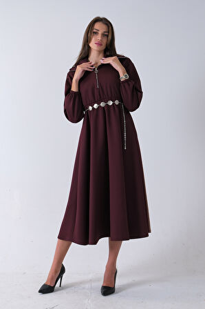 Bordo Yaka Fermuar Detaylı Bel ve Bileği Lastikli Kemerli Scuba Elbise 4593455.04