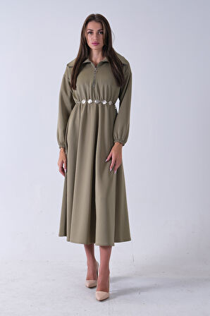 Haki Yaka Fermuar Detaylı Bel ve Bileği Lastikli Kemerli Scuba Elbise 4593455.23