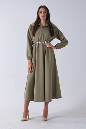 Haki Yaka Fermuar Detaylı Bel ve Bileği Lastikli Kemerli Scuba Elbise 4593455.23