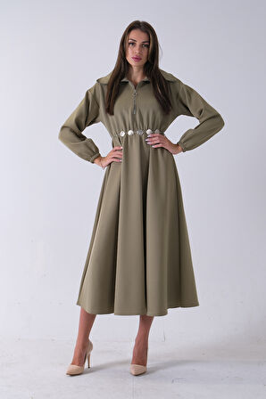 Haki Yaka Fermuar Detaylı Bel ve Bileği Lastikli Kemerli Scuba Elbise 4593455.23