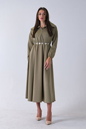 Haki Yaka Fermuar Detaylı Bel ve Bileği Lastikli Kemerli Scuba Elbise 4593455.23