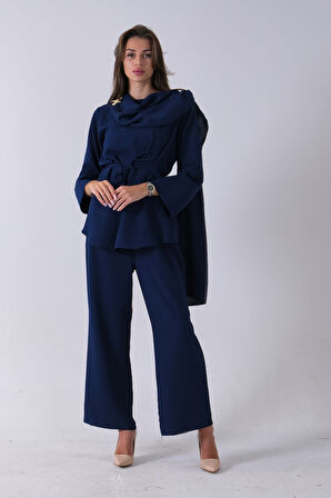 Lacivert Şal Yaka Üzeri Broş Detaylı Pantolonlu Takım 4592270.02