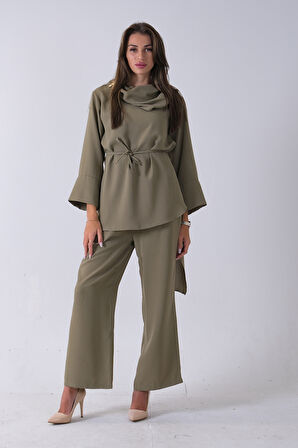 Haki Şal Yaka Üzeri Broş Detaylı Pantolonlu Takım 4592270.23