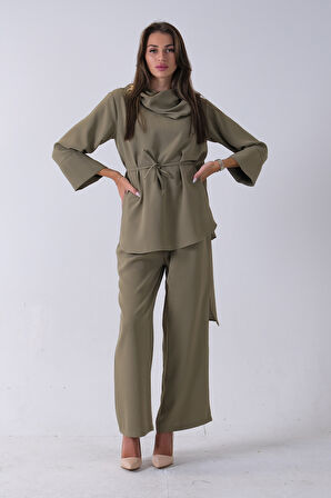 Haki Şal Yaka Üzeri Broş Detaylı Pantolonlu Takım 4592270.23
