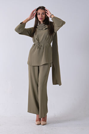 Haki Şal Yaka Üzeri Broş Detaylı Pantolonlu Takım 4592270.23
