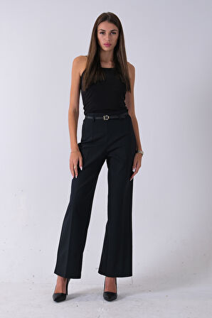 Lacivert İnce Kemerli Cepsiz Bol Paça Uzun Pantolon 03030306.02