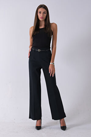 Lacivert İnce Kemerli Cepsiz Bol Paça Uzun Pantolon 03030306.02