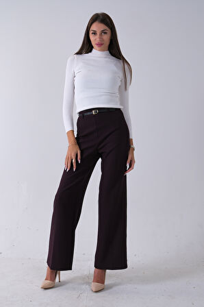Bordo İnce Kemerli Cepsiz Bol Paça Uzun Pantolon 03030306.04