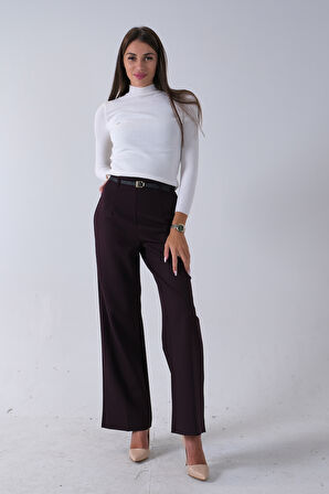 Bordo İnce Kemerli Cepsiz Bol Paça Uzun Pantolon 03030306.04