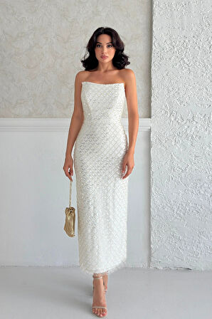 Beyaz Midi Boy Straplez Pul Payet Abiye 0801134.15