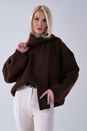 Kahve Şal Aksesuarlı Bisiklet Yaka Triko Kazak 46892633.05