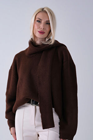 Kahve Şal Aksesuarlı Bisiklet Yaka Triko Kazak 46892633.05