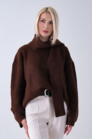 Kahve Şal Aksesuarlı Bisiklet Yaka Triko Kazak 46892633.05