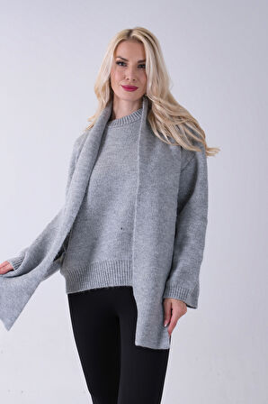 Gri Şal Aksesuarlı Bisiklet Yaka Triko Kazak 46892633.06