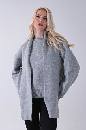 Gri Şal Aksesuarlı Bisiklet Yaka Triko Kazak 46892633.06