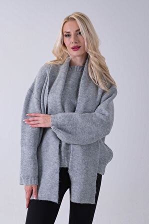 Gri Şal Aksesuarlı Bisiklet Yaka Triko Kazak 46892633.06