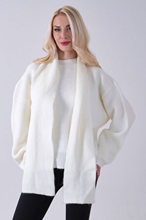 Ekru Şal Aksesuarlı Bisiklet Yaka Triko Kazak 46892633.147