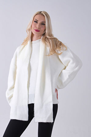 Ekru Şal Aksesuarlı Bisiklet Yaka Triko Kazak 46892633.147