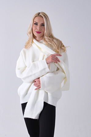 Ekru Şal Aksesuarlı Bisiklet Yaka Triko Kazak 46892633.147