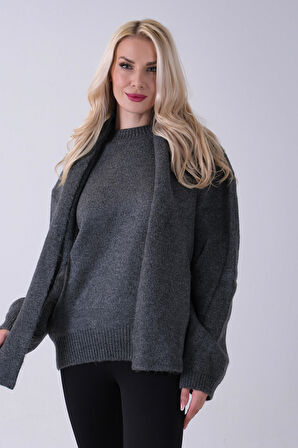 Antrasit Şal Aksesuarlı Bisiklet Yaka Triko Kazak 46892633.315