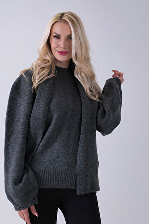 Antrasit Şal Aksesuarlı Bisiklet Yaka Triko Kazak 46892633.315