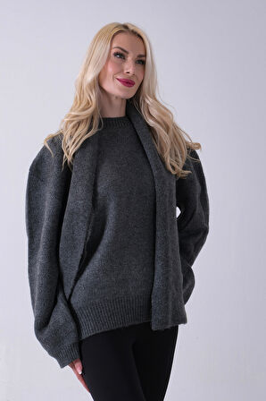 Antrasit Şal Aksesuarlı Bisiklet Yaka Triko Kazak 46892633.315